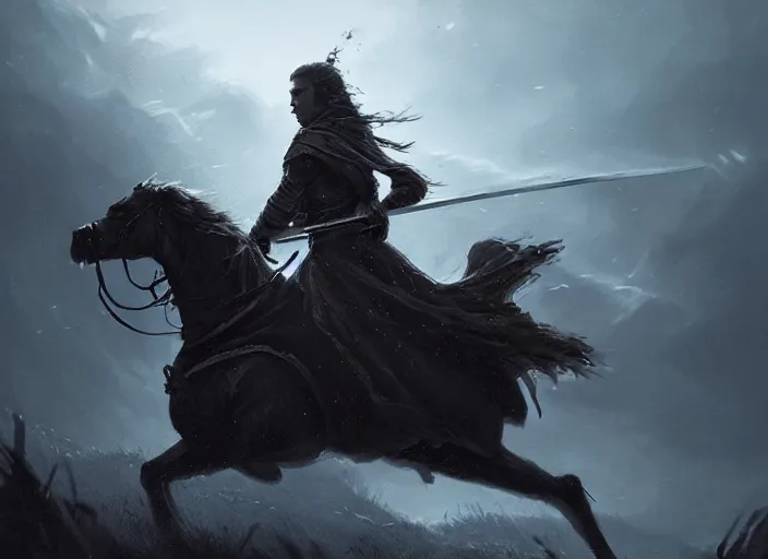 Prompt: Alicia Vikander as a knight fighting a Nazgul, fantasy battle in the style of Greg Rutkowski