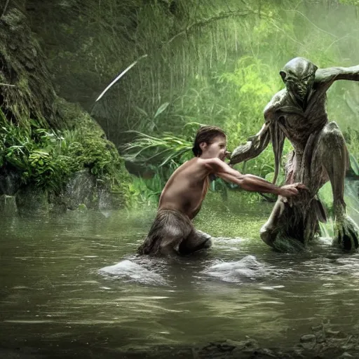 Prompt: Zelenskiy fights gollum on swamp, thunderstorn, realistic , 8k,