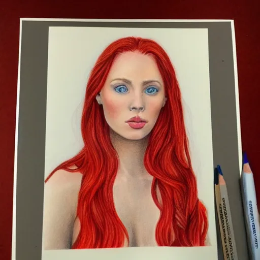 Image similar to full body detailed colored pencil drawing of a beautiful red haired woman with a beautiful face, high detail, intricate clothing