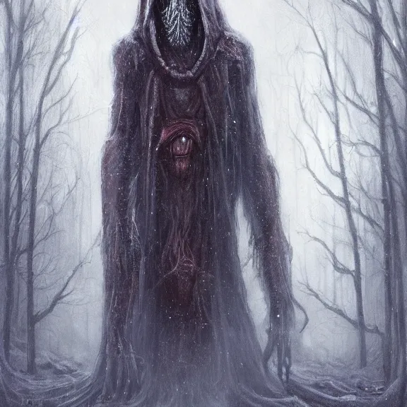 Image similar to cloaked humanoid wendigo feasting, nighttime located in a snowy dark forest, lurking horror, distant shot, dungeons and dragons, magic the gathering, forboding, high detail, oil painting, style of seb mckinnon