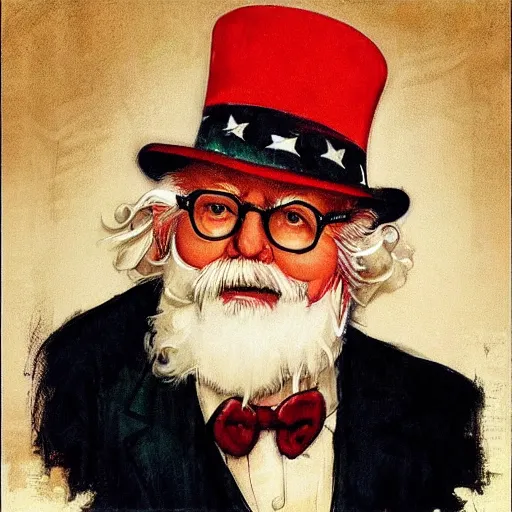 Prompt: “portrait of Colonel Sanders as Uncle Sam, by Norman Rockwell”