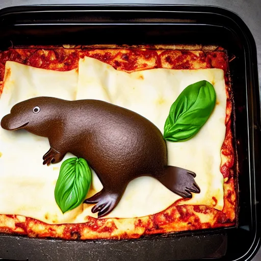 Image similar to platypus wearing a chef hat while putting a lasagna in an oven, with three basil leaves over the lasagna