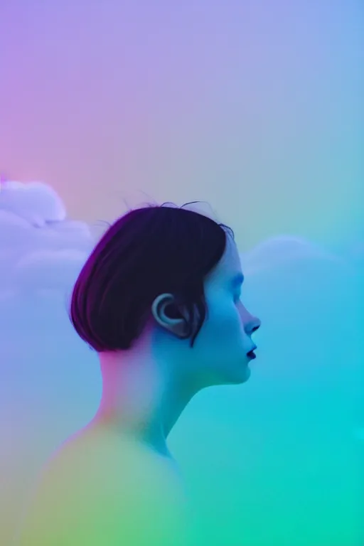 Image similar to high quality pastel coloured film close up wide angle photograph of a model wearing clothing swimming on cloud furniture in a icelandic black rock!! environment in a partially haze filled dreamstate world. three point light, rainbow. photographic production. art directed. pastel colours. volumetric clouds. pastel gradient overlay. waves glitch artefacts. extreme facial clarity. 8 k. filmic.