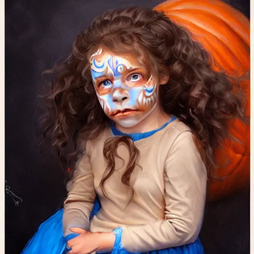 Image similar to a little girl with short wavy curly light brown hair and blue eyes in the most amazing children's halloween costume with her face painted like a pumpkin. painting by artgerm and greg rutkowski.
