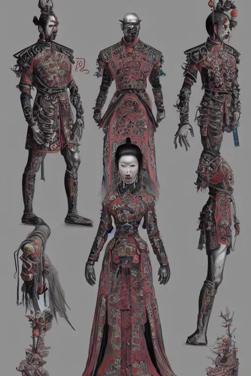 Image similar to ancient chinese zombies - body official clothes of the qing dynasty, symmetrical. sci - fi, tech wear, glowing lights, intricate, elegant, highly detailed, digital painting, highly detailed, digital painting, artstation, concept art, smooth, sharp focus, illustration, art by artgerm and greg rutkowski and alphonse mucha