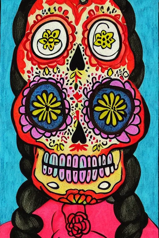 Prompt: Illustration of a sugar skull day of the dead girl, art by will barnet