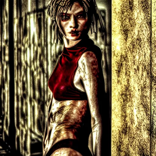 Image similar to supermodel in silent hill, 8 k, realistic, fashion photography