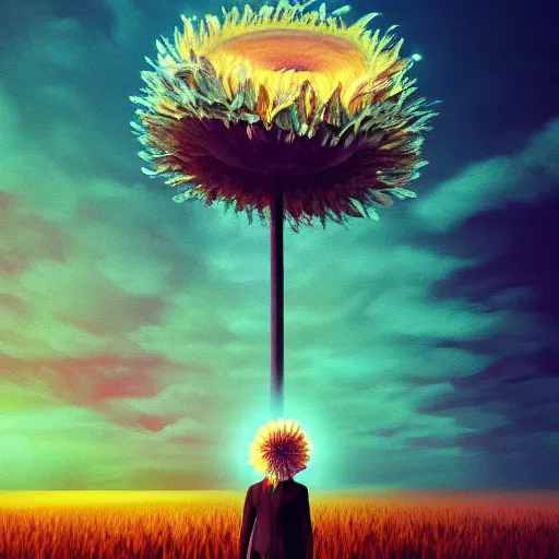 Image similar to giant daisy flower over head, frontal, a girl in a suit, surreal photography, sunrise, dramatic light, impressionist painting, digital painting, artstation, simon stalenhag