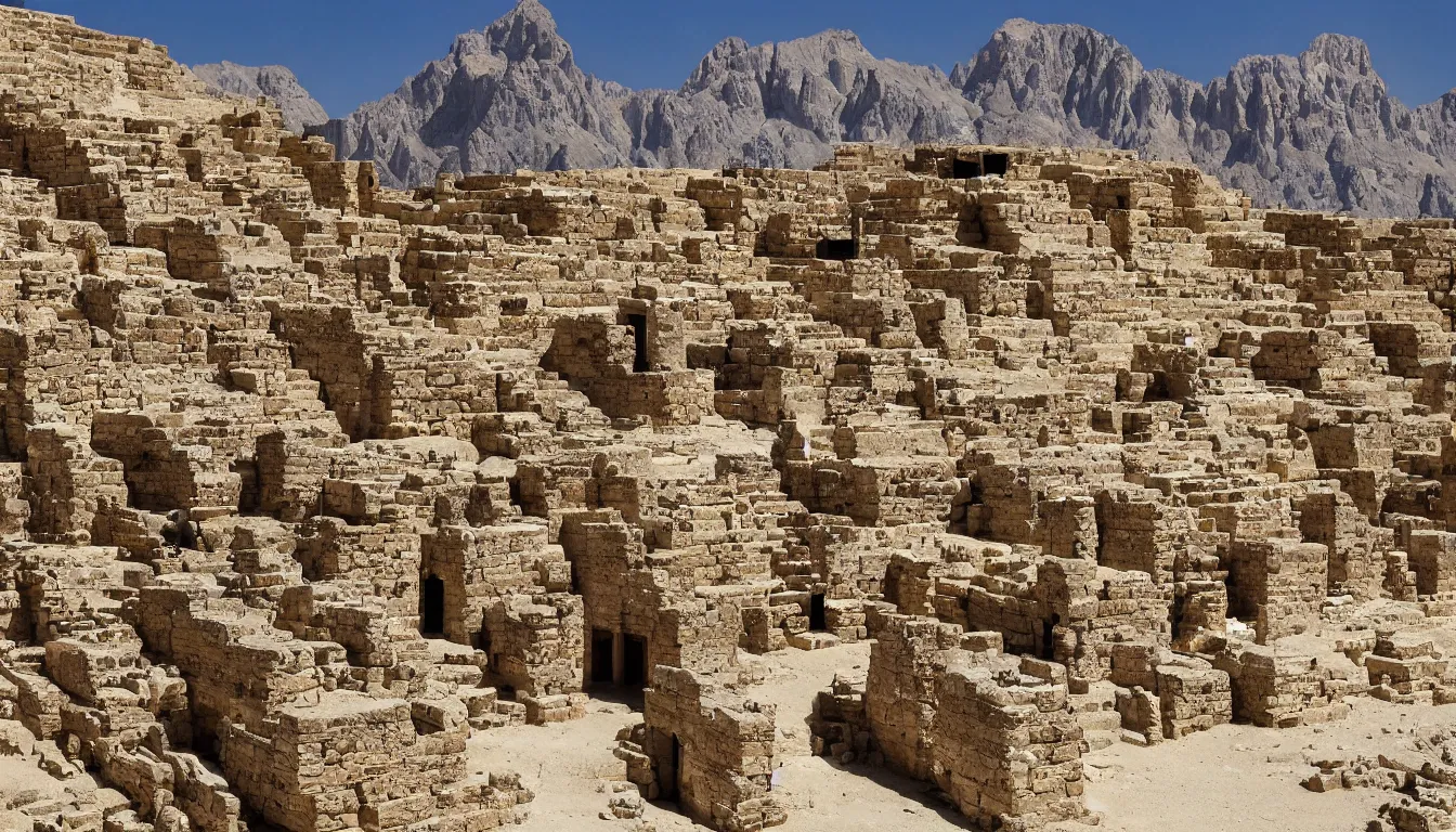 Prompt: an ancient egyptian town in the dolomites mountains, pyramids