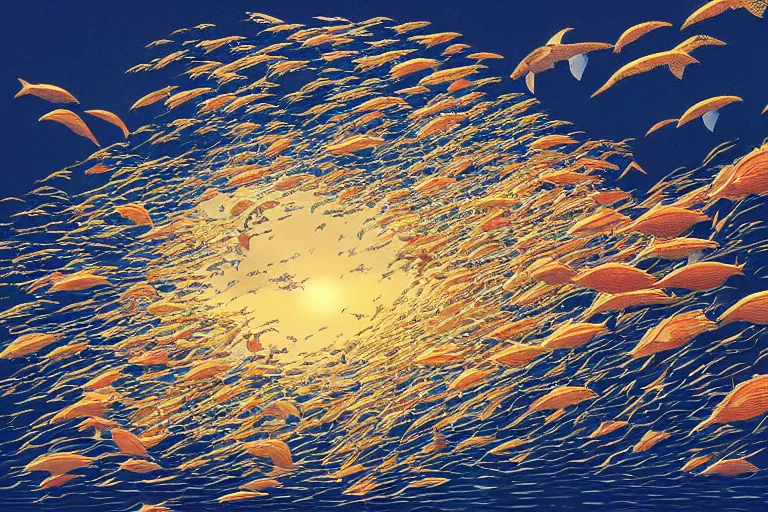 Image similar to portrait of goldfishes swarming the ocean. shadow and light. rays of light. energetic, dynamic, lively, detailed, intricate, complex. fine art by hayao miyazaki, akira toriyama, makoto shinkai, and ohara koson.