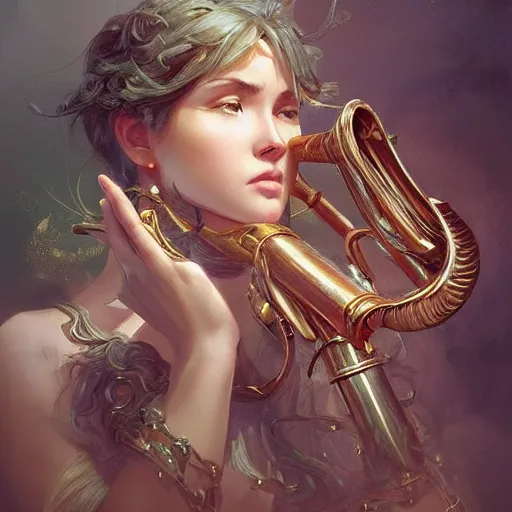 Image similar to a strange blowing horn, d & d, fantasy, intricate, elegant, highly detailed, digital painting, artstation, concept art, smooth, sharp focus, illustration, art by artgerm and greg rutkowski and alphonse mucha