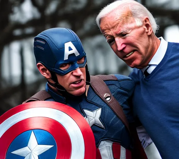Image similar to photo of captain America violently hitting Joe Biden with his shield