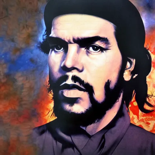 Image similar to colour masterpiece surreal closeup portrait photography of che guevara by miho hirano and annie leibovitz and michael cheval, psychedelic smoke background, 8 k