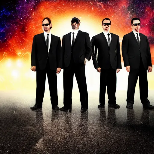 Image similar to men in black standing at the edge of the galaxy, cinematic, photoshopped, high details
