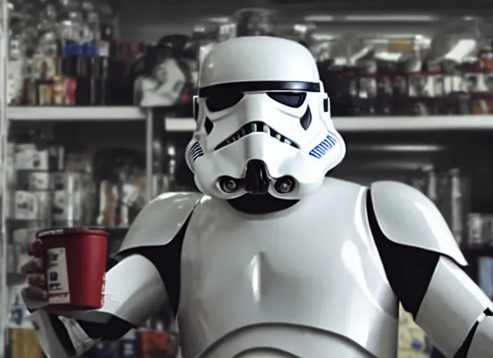 Prompt: film still of a storm trooper holding a cup of coffee in a convenience store in the new Star Wars movie, 4k, black and white