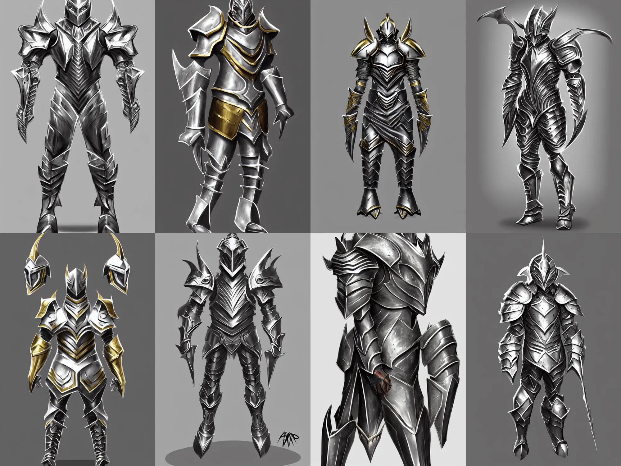 Prompt: fantasy armor, concept sketch, silver with gold trim, striking, unusual, incredible, extremely polished, heavy exaggerated proportions, huge shoulder pauldrons, flat shading, smooth, uncluttered, extremely clean, fantasy character portrait, professional concept art, orthographic front view, A-pose, full body