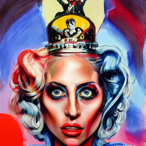 Image similar to detailed details photorealistic pictures lady gaga harley queen full body posse in the style of bob peak and alex ross, gouache and wash paints color, detailed details facial and body and human and environments and proportionate, detailed 5 k details.