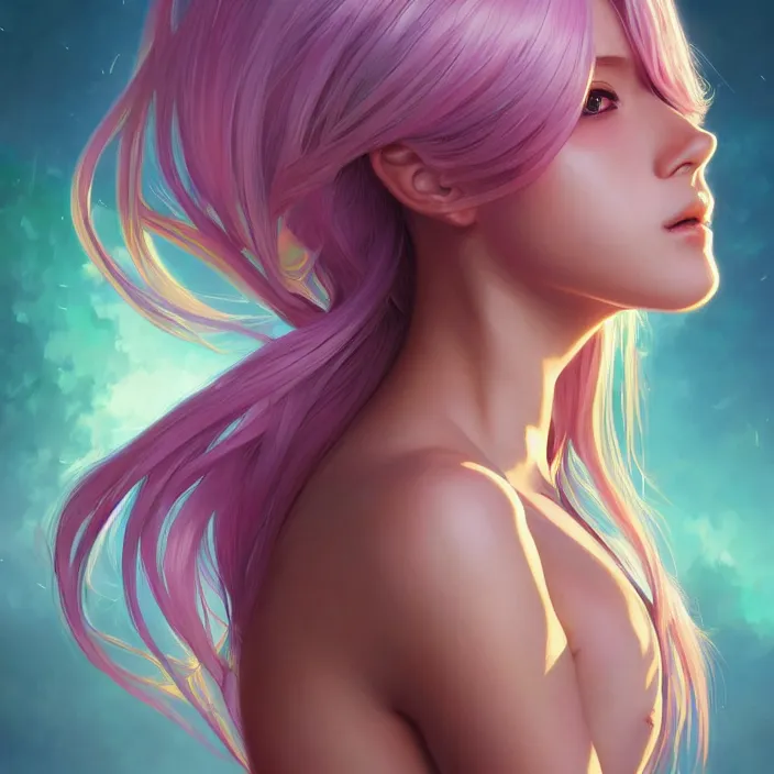 Prompt: portrait of beautiful symmetrical anime girl, rainbow hair, attractive, casual, modern, victoria's secret, highly detailed, digital painting, artstation, concept art, smooth, sharp focus, illustration, art by moebius artgerm, greg rutkowski and alphonse mucha, 8 k,