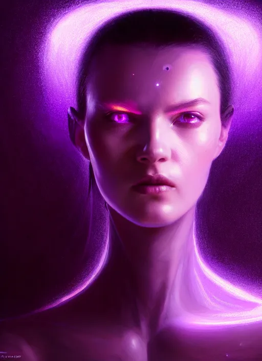 Image similar to top down lighting, extreme close up, stunning portrait of a woman in purple leather future armor with a long black ponytail, purple eye, glowing with void energy, spaceship hallway, intricate, mood lighting, highly detailed, digital painting, artstation, concept art, smooth, sharp focus, illustration, art by wlop, mars ravelo and greg rutkowski