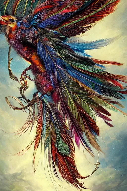 Prompt: ! dream a picture of a bird with feathers on it, a detailed painting by android jones, featured on cgsociety, fantasy art, detailed painting, high detail, full of details, high resolution, vibrant colors, feathers, bird, flying, wings, sky, clouds