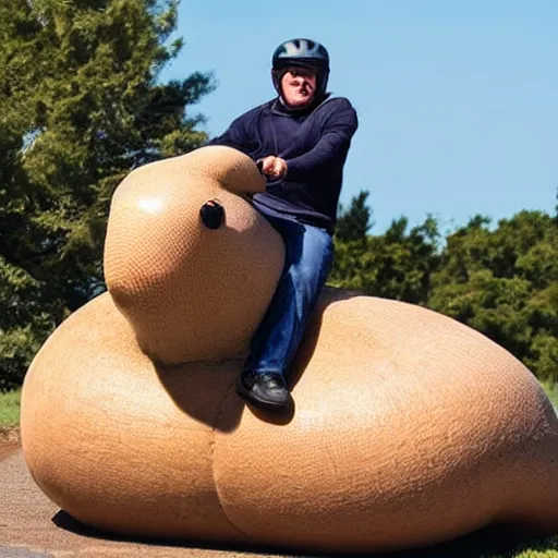 Image similar to a man riding a giant slug like its a horse