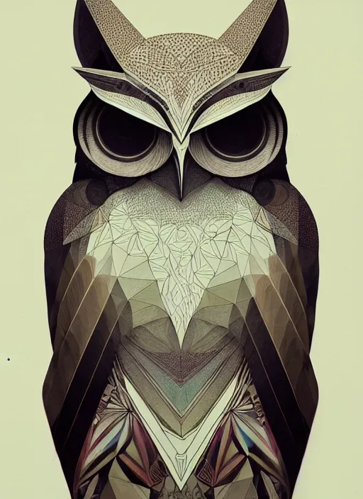 Image similar to portrait of a geometric owl, identical eyes, medium shot, illustration, full body made of white feathers, symmetrical, art stand, super detailed, cinematic lighting, and its detailed and intricate, gorgeous, by peter mohrbacher