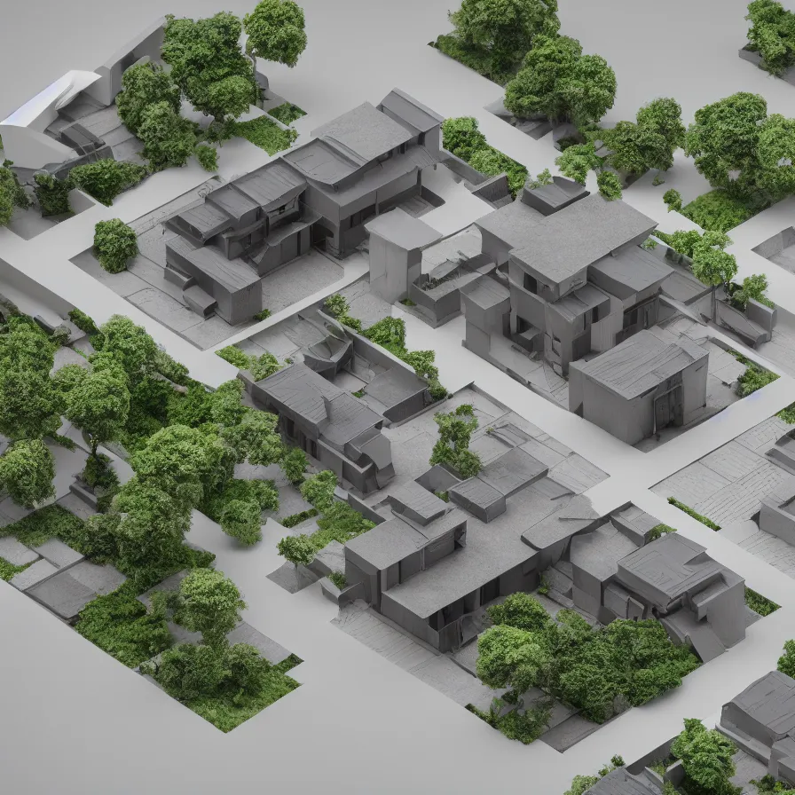 Prompt: architectural model, isometric view, 3 d render, studio lighting, low contrast, dark background, highly detailed, single building, single plot, house, circular courtyard, tree