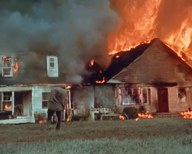 Image similar to a movie still from 'A Goose Set my House on Fire', 40mm tape, technicolour film, goose in foreground, housefire, letterboxing, widescreen