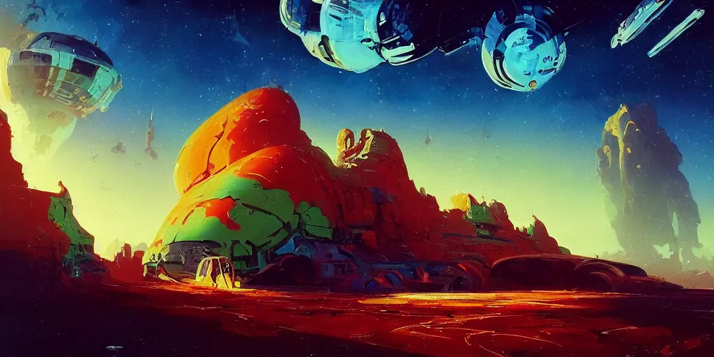 Image similar to look on my works ye mighty and despair, a highly detailed cinematic oil painting by roger dean and alena aenami, crashed spaceship!!, dynamic lighting