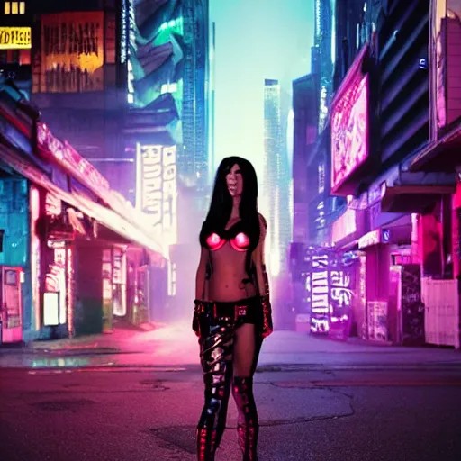 Image similar to cyberpunk megan fox, standing on a cyberpunk street at night, streets are lit with neon lights