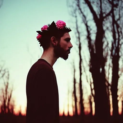 Prompt: kodak portra 4 0 0 photograph of a skinny guy standing in field of dead trees, flower crown, back view, moody lighting, moody vibe, telephoto, 9 0 s vibe, blurry background, vaporwave colors, faded!,