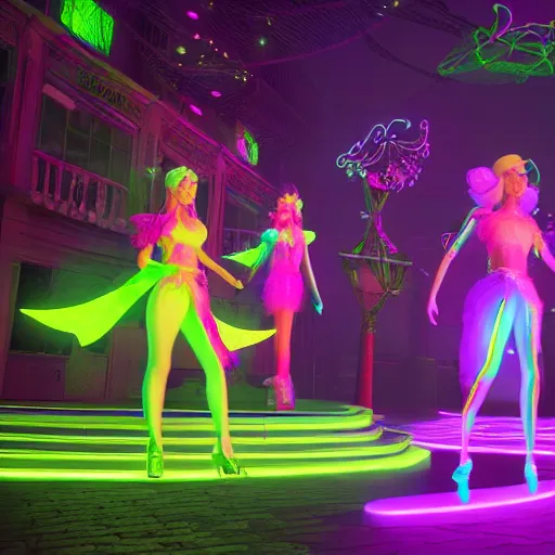 Image similar to neon fluorescent, iridescent beautiful fairies cyperpunk 2 0 7 7, unreal engine 5, 8 k ultra realistic, hyperdetailed, volumetric lighting, extremely high quality