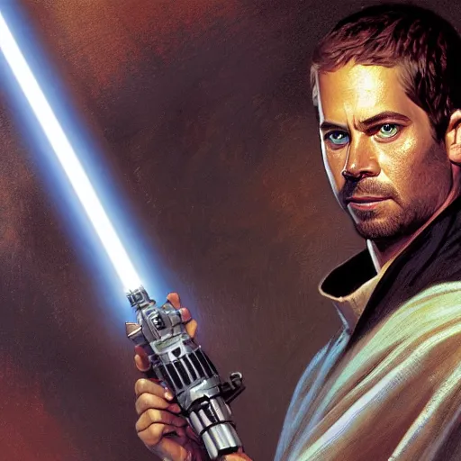 Image similar to Paul Walker as a jedi with lightsaber by Stanley Artgerm Lau, greg rutkowski, thomas kindkade, alphonse mucha, loish, norman Rockwel