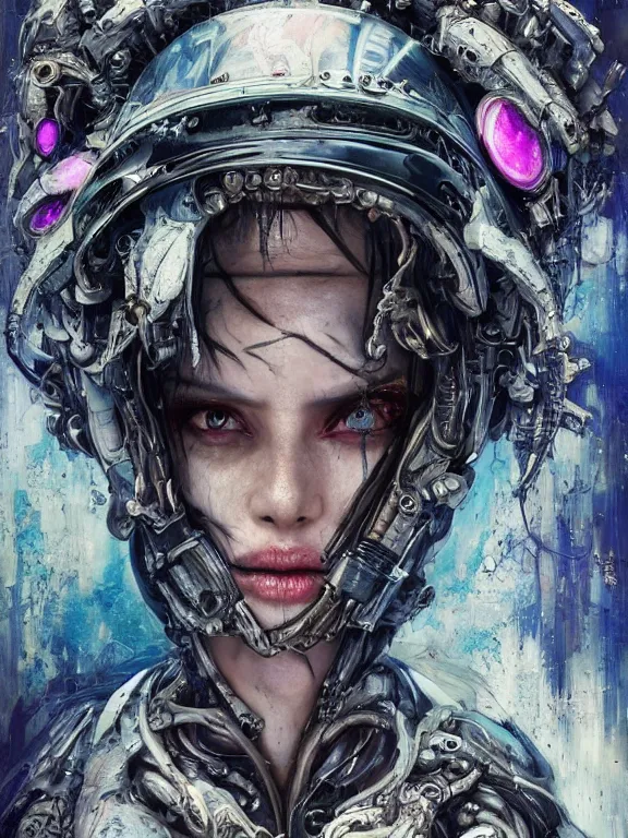 Image similar to portrait art of 8k ultra realistic undead corrupted ghost in the shell, intricate high tech helmet , detailed intricate ornate space suit,decaying, cybernetic, full of colour, cinematic lighting, battered, trending on artstation, 4k, hyperrealistic, focused, extreme details,unreal engine 5, cinematic, masterpiece, art by ayami kojima, giger