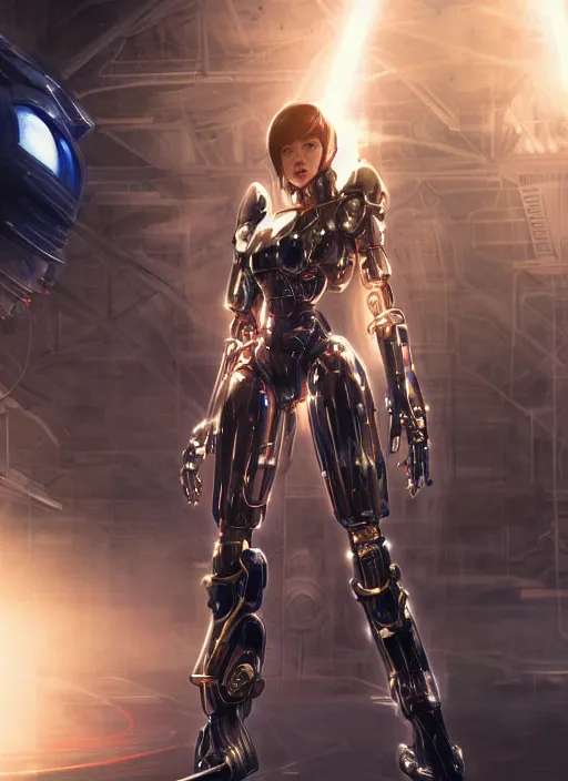 Image similar to a young attractive beautiful Asian woman wearing mecha armor inside a sci-fi hangar, dramatic pose, chrome, glowing LEDs, wires and cables, highly detailed, photorealistic, volumetric lighting, digital art, octane render, in the style of Artgerm and Tom Bagshaw