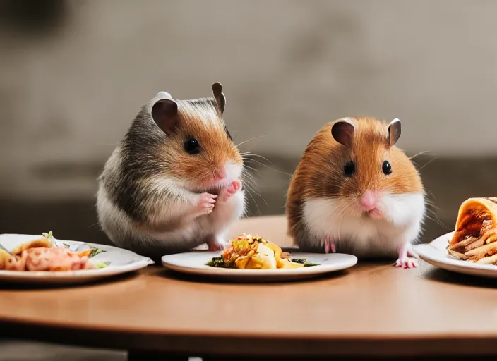 Prompt: photo of a hamsters on a date, eating various michelin dishes, at night, faded colors, candlelit restaurant table, various poses, soft light, centered, sharp focus, 8 k