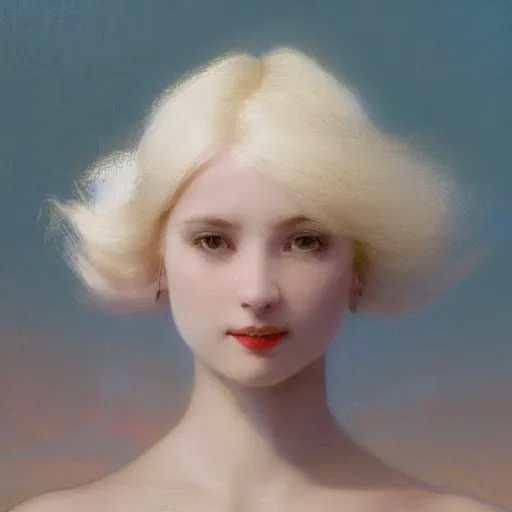 Prompt: young woman's face, her hair is white and she wears a cobalt blue satin cloak, by ivan aivazovsky and syd mead and moebius and gaston bussiere and roger dean and wojciech siudmak and pieter claesz and paul delaroche and alma tadema and aelbert cuyp, hyperrealistic, volumetric light, octane render