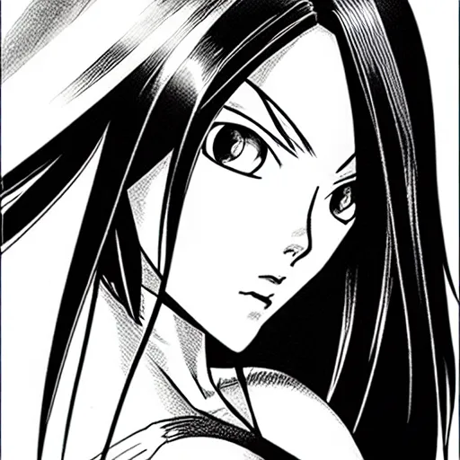 Image similar to alita by yukito kishiro. medium shot. black and white manga. pencil drawing. high detailed face