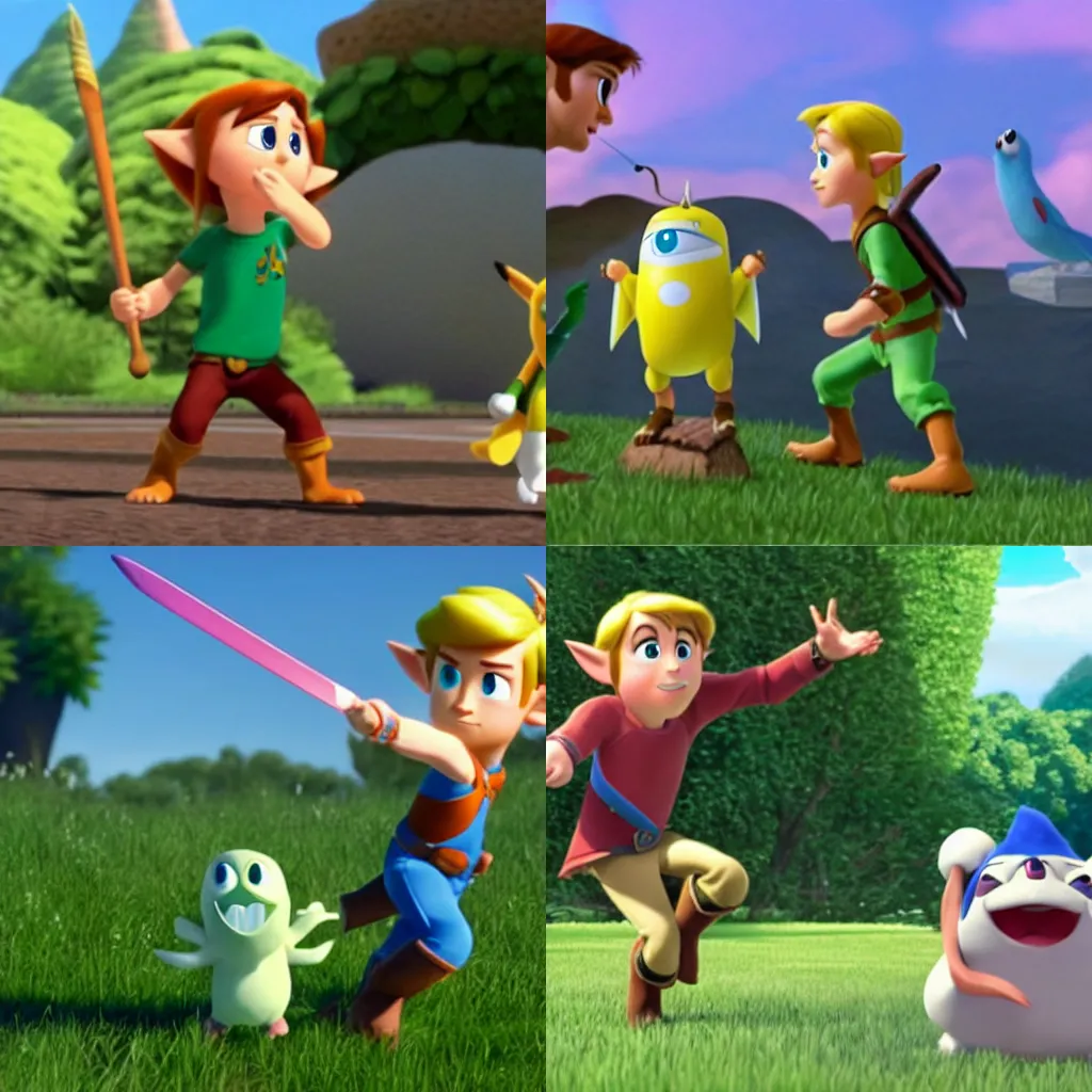 Prompt: a still from a Pixar movie about link from Zelda fighting Pokémon