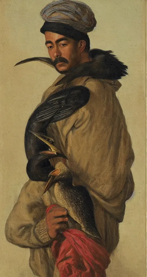 Prompt: orientalist portrait painting of a fisherman with a cormorant on his shoulder, in romantic style, sfumato