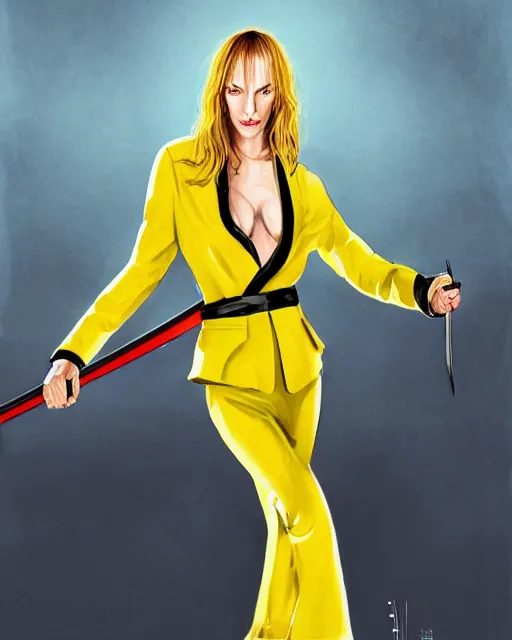 Image similar to drawing of a beautiful uma thurman in the movie kill bill, wearing a yellow jumpsuit with a black stripe, swinging katana, art deco, beautiful confident and piercing eyes, beautiful blonde hair, hyper realistic face, in the style of greg rutkowski, fantasy, amazing detail, epic, elegant, smooth, sharp focus, from the front