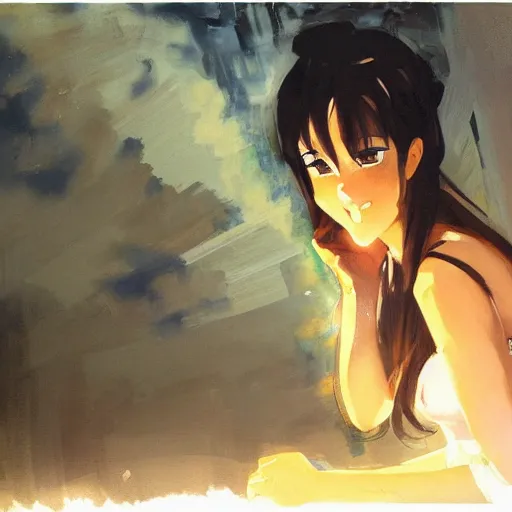 Image similar to greg manchess painting of an anime woman, direct flash photography at night, makoto shinkai