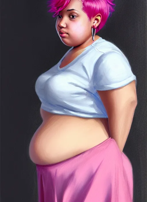 Image similar to full body portrait, teenage vanessa morgan, pink hair, brown skin, obese, curly pixie hair, sultry, realistic, short hair, hoop earrings, skirt, shirt, fat, belly, intricate, elegant, highly detailed, digital painting, artstation, concept art, smooth, sharp focus, illustration, art by wlop, mars ravelo and greg rutkowski