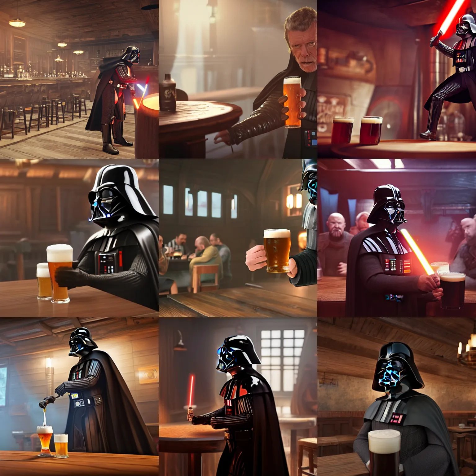 Prompt: still of darth vader rising a pint beer in a tavern in the star wars movie, hyperrealistic, unreal engine, octane render, 4 k, detailed, studio lighting,