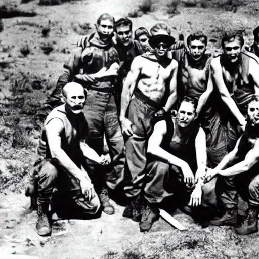 Prompt: group of soldiers posing by the dead body of an alien, 1 9 4 7, black and white