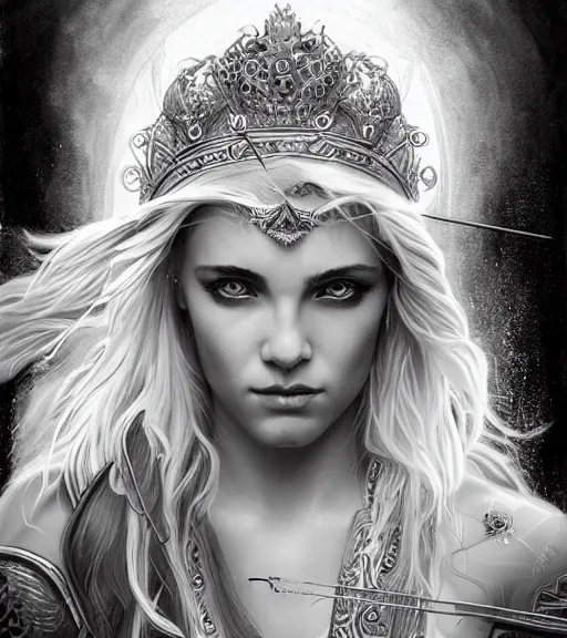 Prompt: portrait of very beautiful aphrodite goddess as an archer, arrow crown, beautiful piercing eyes, flowing blonde hair, realistic face, black and white drawing, in the style of greg rutkowski, fantasy, amazing detail, epic, intricate, elegant, smooth, sharp focus