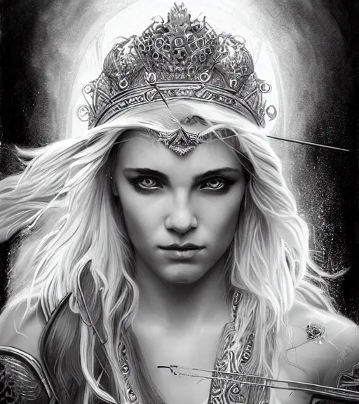 Image similar to portrait of very beautiful aphrodite goddess as an archer, arrow crown, beautiful piercing eyes, flowing blonde hair, realistic face, black and white drawing, in the style of greg rutkowski, fantasy, amazing detail, epic, intricate, elegant, smooth, sharp focus