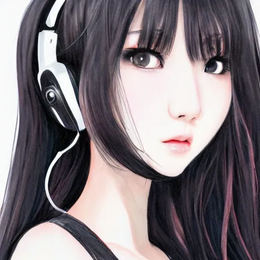 Image similar to realistic detailed semirealism beautiful gorgeous natural cute excited happy Blackpink Lalisa Manoban black hair black cat ears, wearing white camisole outfit, headphones, black leather choker artwork drawn full HD 4K high resolution quality artstyle professional artists WLOP, Aztodio, Taejune Kim, Guweiz, Pixiv, Instagram, Artstation