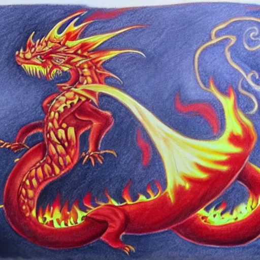 Image similar to firefighters against a fire - breathing dragon, pencil art, fire, colorful