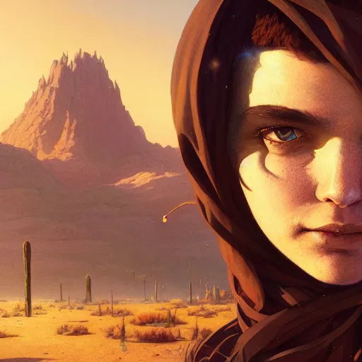 Image similar to highly detailed portrait of desert mage, stephen bliss, unreal engine, fantasy art by greg rutkowski, loish, rhads, ferdinand knab, makoto shinkai and lois van baarle, ilya kuvshinov, rossdraws, tom bagshaw, global illumination, radiant light, detailed and intricate environment